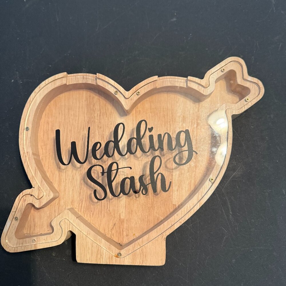 Wooden Heart Money Box Coin Bank See Through Wedding Stash (110)